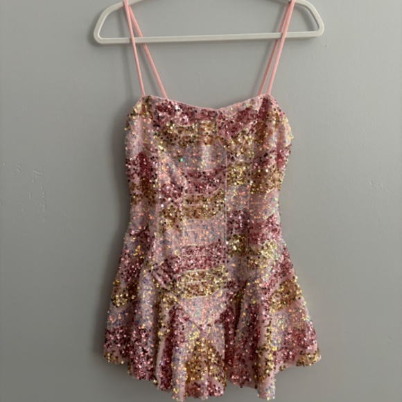 Dolls Kill Get Spacey Sequin Mini Dress Pink and Gold - Picture 1 of 6